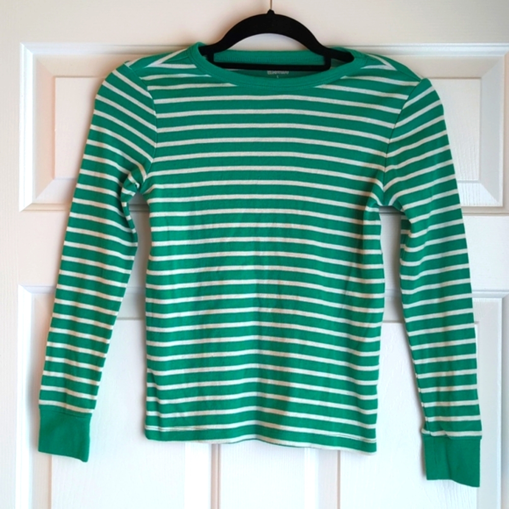 3/$15 - Gymboree L Green and White Striped Kids Long-Sleeved Pajama Shirt